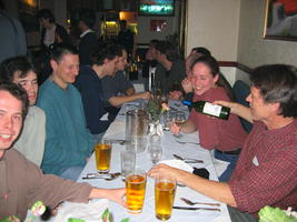 Awaiting an Indian meal in Bristol, March 2004. From left to right around the table: David Lloyd, Robert Szalai, Bernd Krauskopf, Jan Sieber, Gabor Orosz, Bart Oldeman, Frank Schilder, Hinke Osinga, and Sebius Doedel.