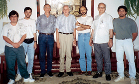 Jack Hale with six of his former students at the II Americas Conference in Differential Equations and Nonlinear Analysis in Águas de Lindoia (São Paulo, Brazil), 1996. From left to right: José Arrieta, Sérgio Oliva, Orlando Lopes, Jack Hale, Arnaldo S. Nascimento, Dan Henry and Alexandre N. Carvalho.