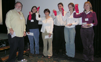 Jim York with the winners of the poster session, from left to right: Margaret Beck, Maria Leite, Marco Thiel, Maria Carmen Romano, and Yulia Timofeeva; photograph by Bernd Krauskopf
